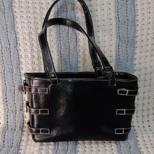 Classic Black Shoulder Tote with Contrast Stitching And Side Buckles